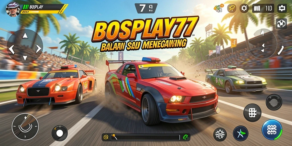 Screenshot gameplay BOSPLAY77 menampilkan aksi balapan yang mendebarkan dan grafik yang memukau.