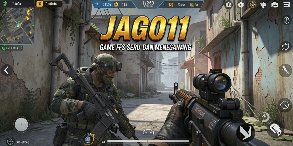 Screenshot gameplay JAGO11 menampilkan pertarungan seru dalam arena FPS.